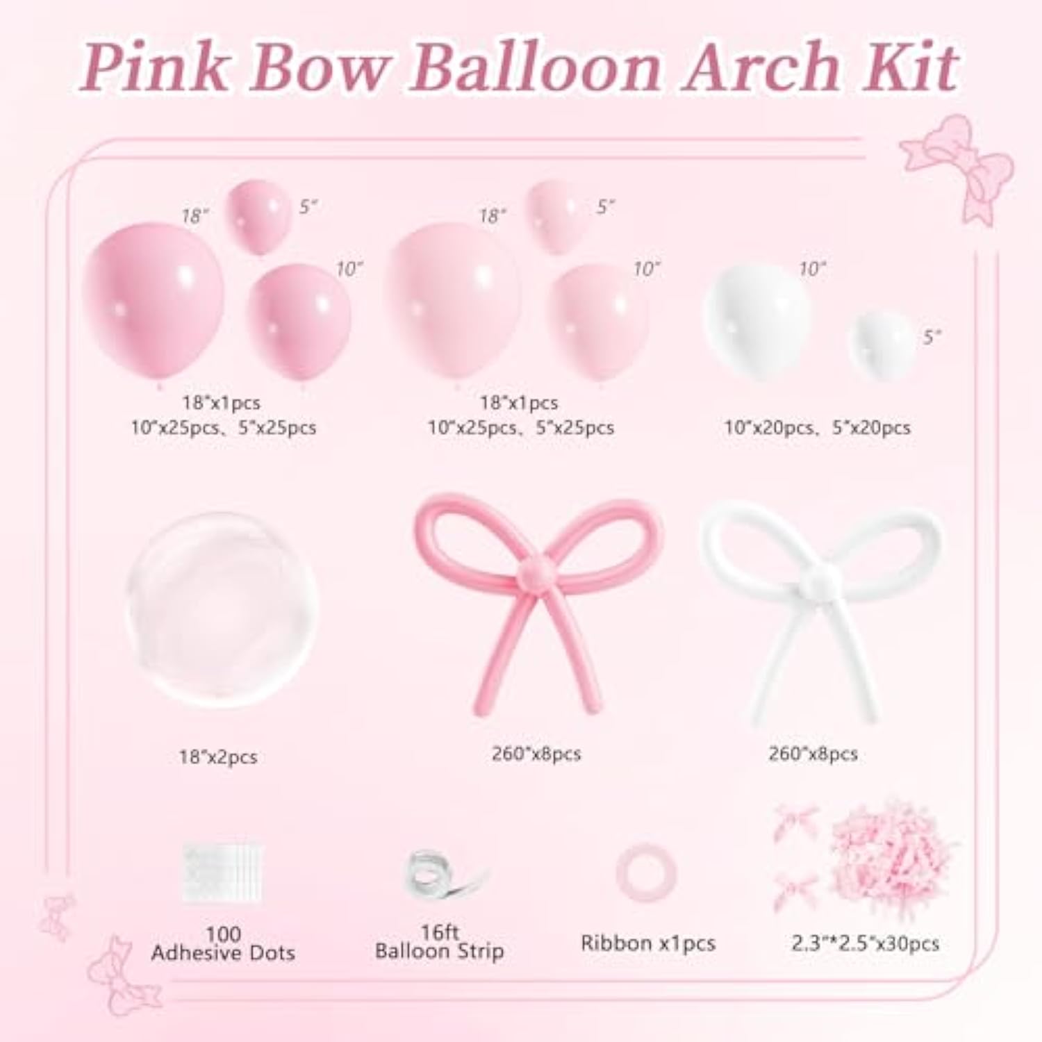 Pink Bow Balloons Arch Kit, 199Pcs Coquette Balloons Garland With 260 Clear Balloons Pink Ribbon Bow For Bow Coquette Birthday Decorations Bachelorette Baby Shower Bridal Shower