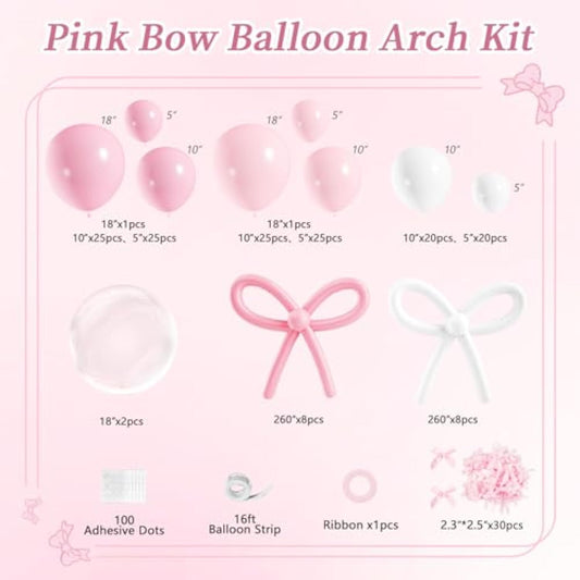 Pink Bow Balloons Arch Kit, 199Pcs Coquette Balloons Garland With 260 Clear Balloons Pink Ribbon Bow For Bow Coquette Birthday Decorations Bachelorette Baby Shower Bridal Shower