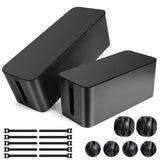 Cable Management Box, 2 Pack Large & Medium Cable Organizer Box With 17 Pcs Cable Management Set, Cord Organizer Box To Hide Surge Protector On Desk Or Floor (Black)