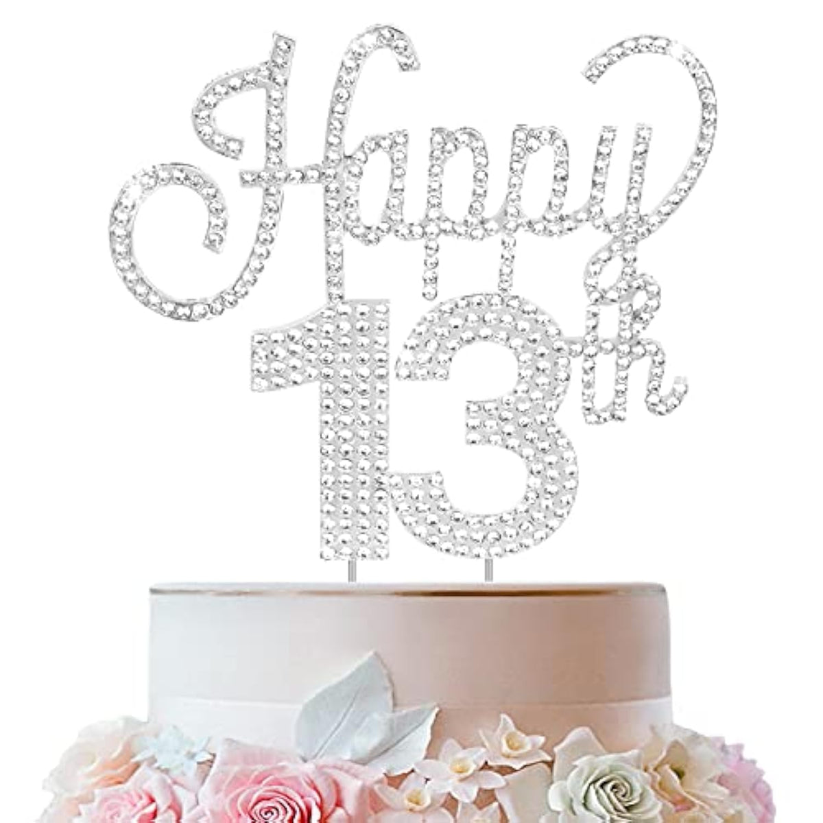 Happy 13Th Birthday Silver Rhinestone Cake Topper - Cheers To 13Th Birthday Thirteen Years Old Party Cake Centerpieces Topper Decorations Gift Sign.