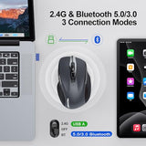 Wireless Mouse (2.4G & Bt5.0/3.0) Silent 4800 Dpi Computer Usb A & Bluetooth Mouse 6 Buttons, Wide Compatibility - Grey
