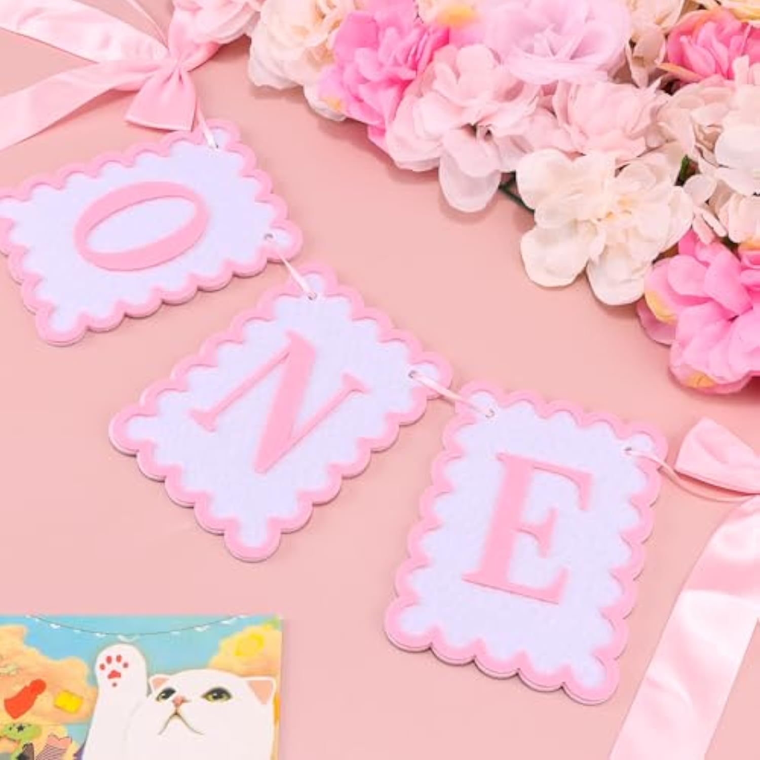 Bow Highchair Banner For 1St Girls Birthday Decoration, Pink And White One Birthday Banner For Party Decor Photo Props(Pre-Strung)
