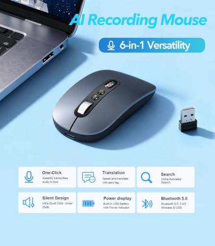 Ai Wireless Mouse With Voice & Audio Recorder Wireless Bluetooth Mouse For Macbook/Pc/Laptop,Silent Design,2.4Ghz Usb-C Rechargeable, Ai Writing/Summarize/Translate Office & Study