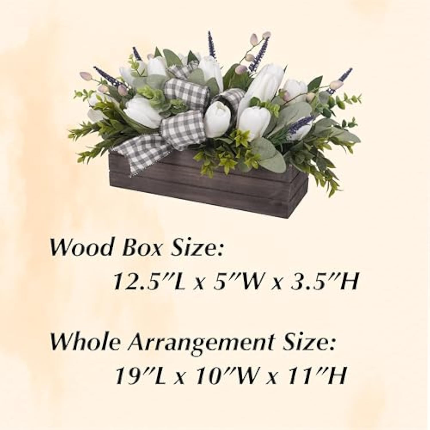 Spring Table Decor Faux White Tulips Arrangement, Spring Easter Tabletop Floral Centerpiece, Artificial Tulip Lavender Eucalyptus Boxwood And Bow In Rectangular Wood Box For Home Decoration, 14In