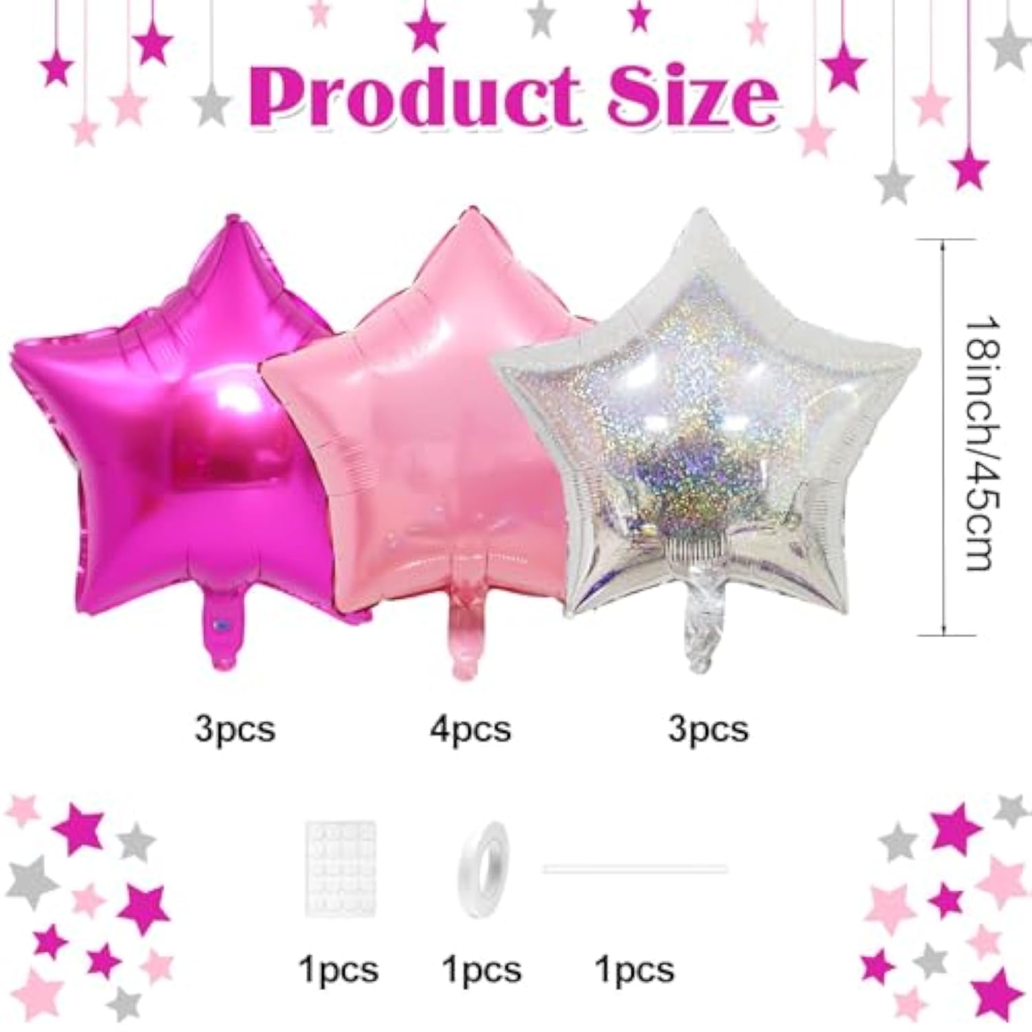 10-Pack Pink and Silver Star Foil Balloons 18-Inch for Parties