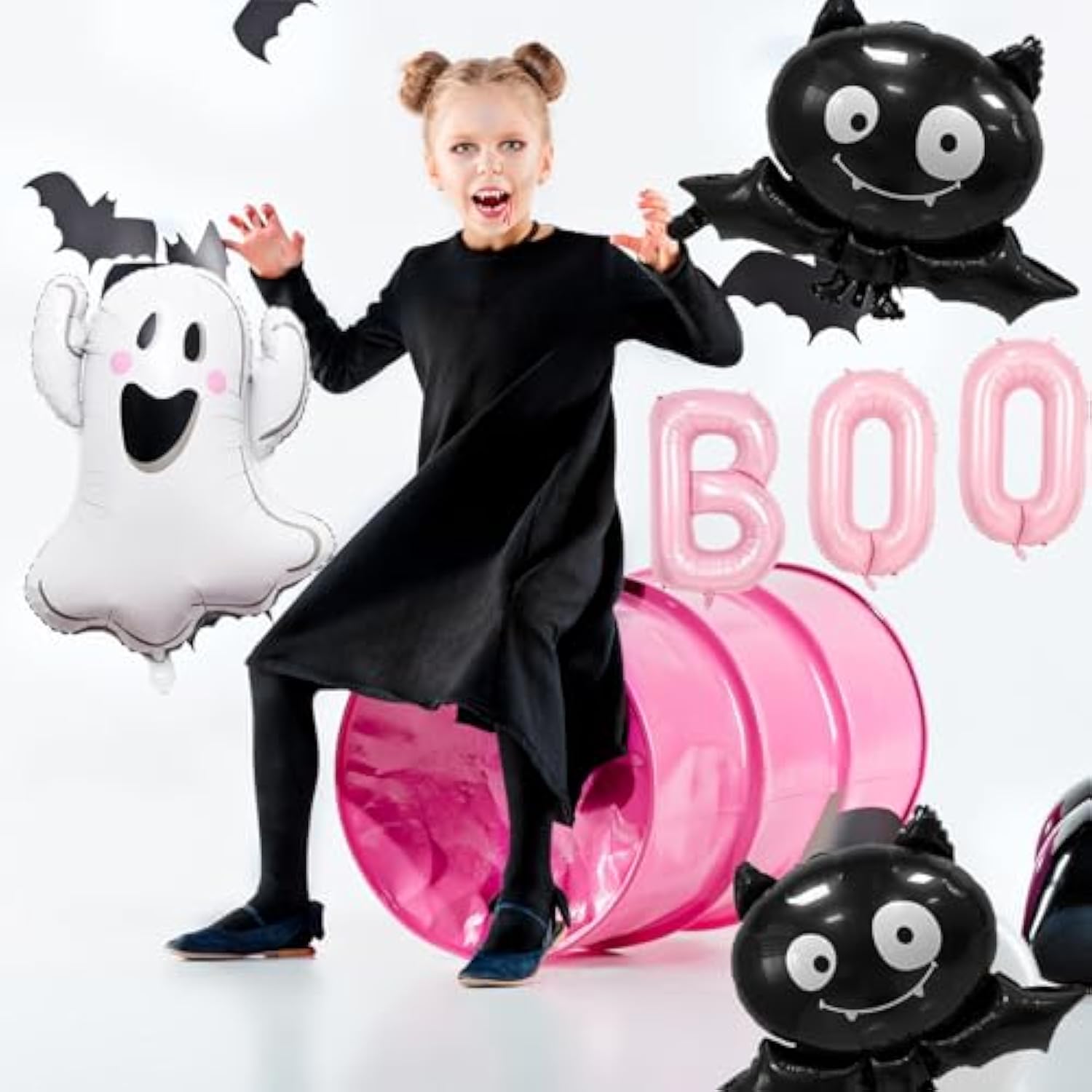 Pink Halloween Balloons: Ghost, Bat & "BOO" Foil Balloon Set