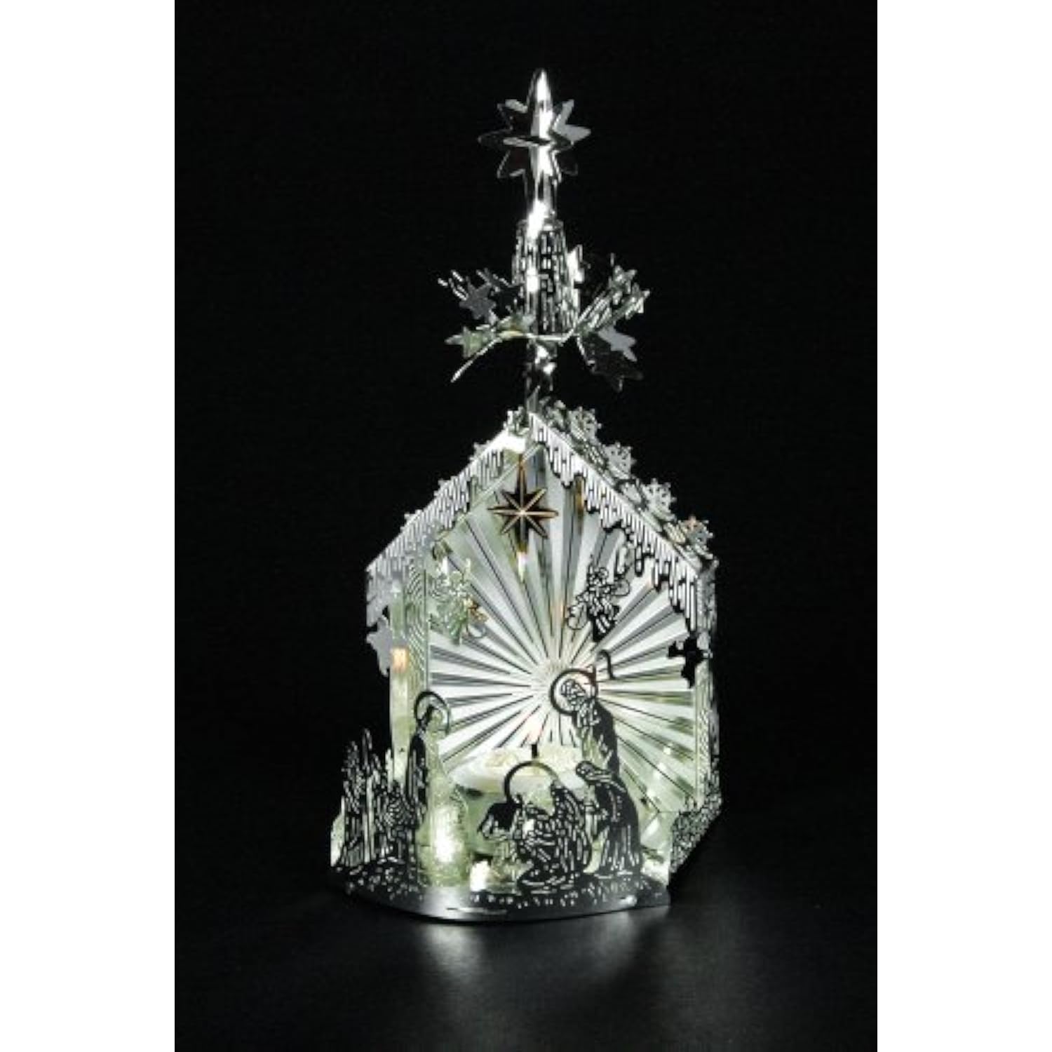 Nativity Christmas Spinning Stars Candleholder - Laser Cut Silver Plated Holy Family - Tea Light Candle Holder - Scandinavian Design - Measures 6" H X 2.75" W.