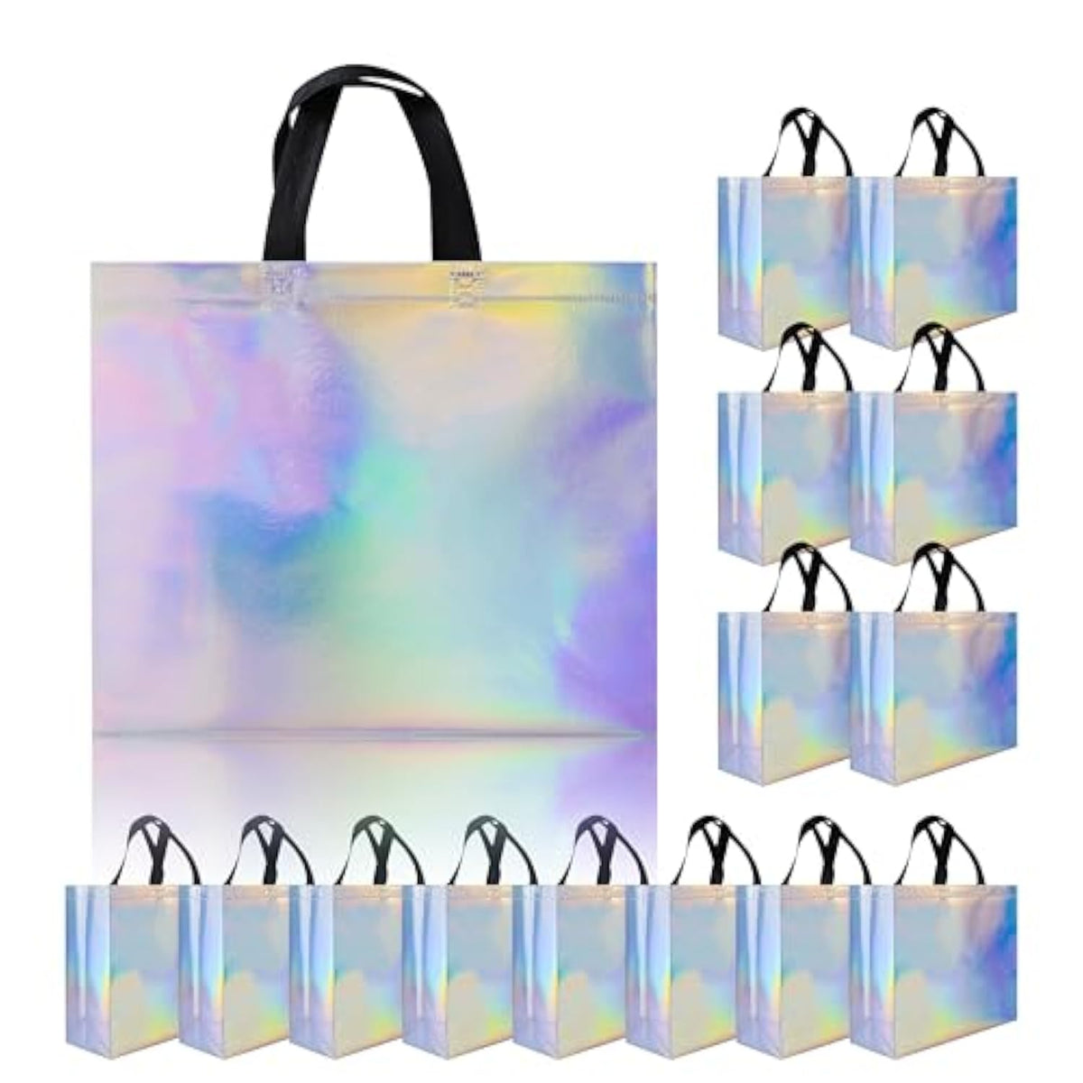 Glossy Iridescent Gift Bags 15 Pcs, 12.6X4.7X11 In Non-Woven Reusable Goodie Bags Bulk, With Black Handles & Sturdy Base, Christmas Gift Bags For Birthday, Wedding, Easter, Holiday Party