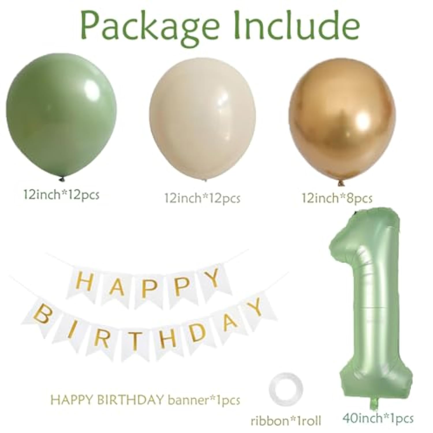 Sage Green First Birthday Decor Boys 40" Olive Number 1 Balloon Banner Balloon Set