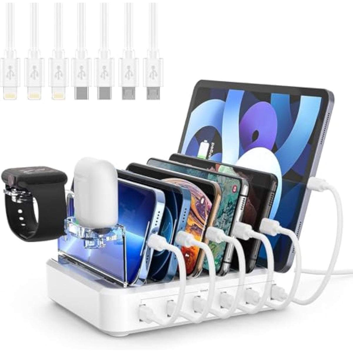 Charging Station For Multiple Devices,60W 6 Port Charger Station With 7 Mixed Charging Cables,Usb Charging Dock,Compatible With Cellphone,Tablet, Kindle, Iphone Ipad And More (White)