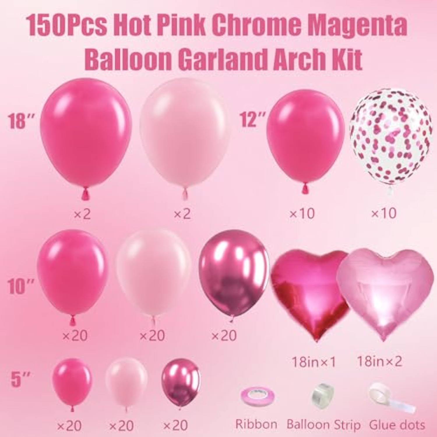 150PCS Pink Balloon Garland Kit Hot Pink, Magenta & Hearts for Birthday and Party Decor
