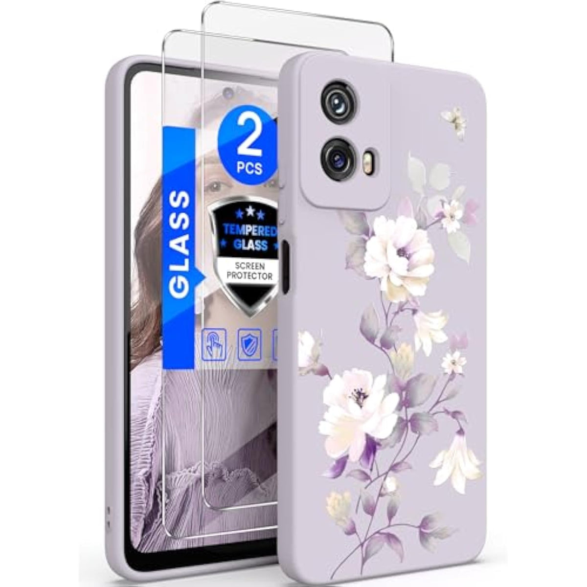 For Motorola Moto G 5G 2024 Case, Girls Women Florals Liquid Silicone Phone Case, Shockproof Anti-Scratch Soft Protection Case With 2X Screen Protectors For Moto G 5G 2024 (Purple)