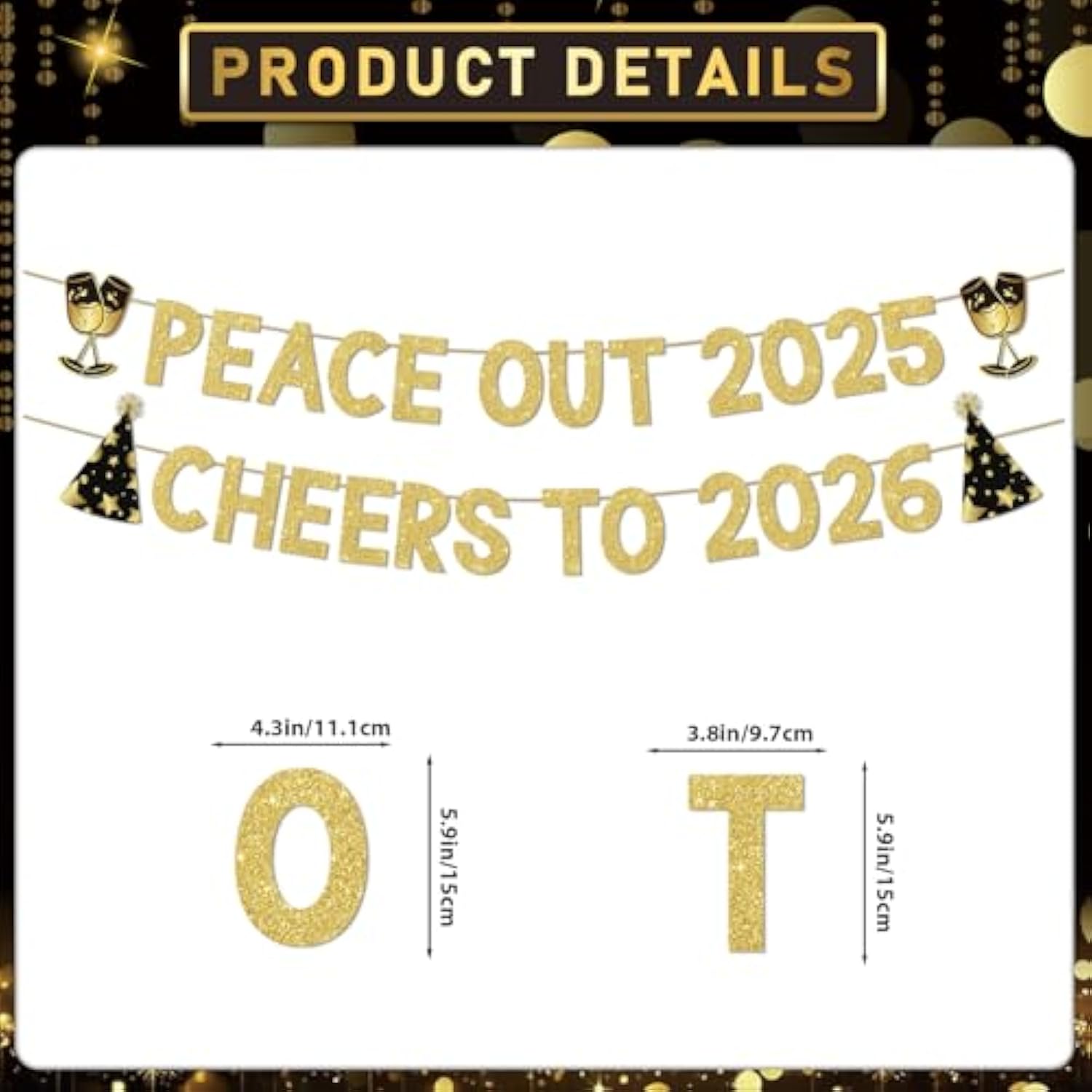Peace Out 2025 Cheers to 2026 Gold Glitter Banner NYE Party Decor