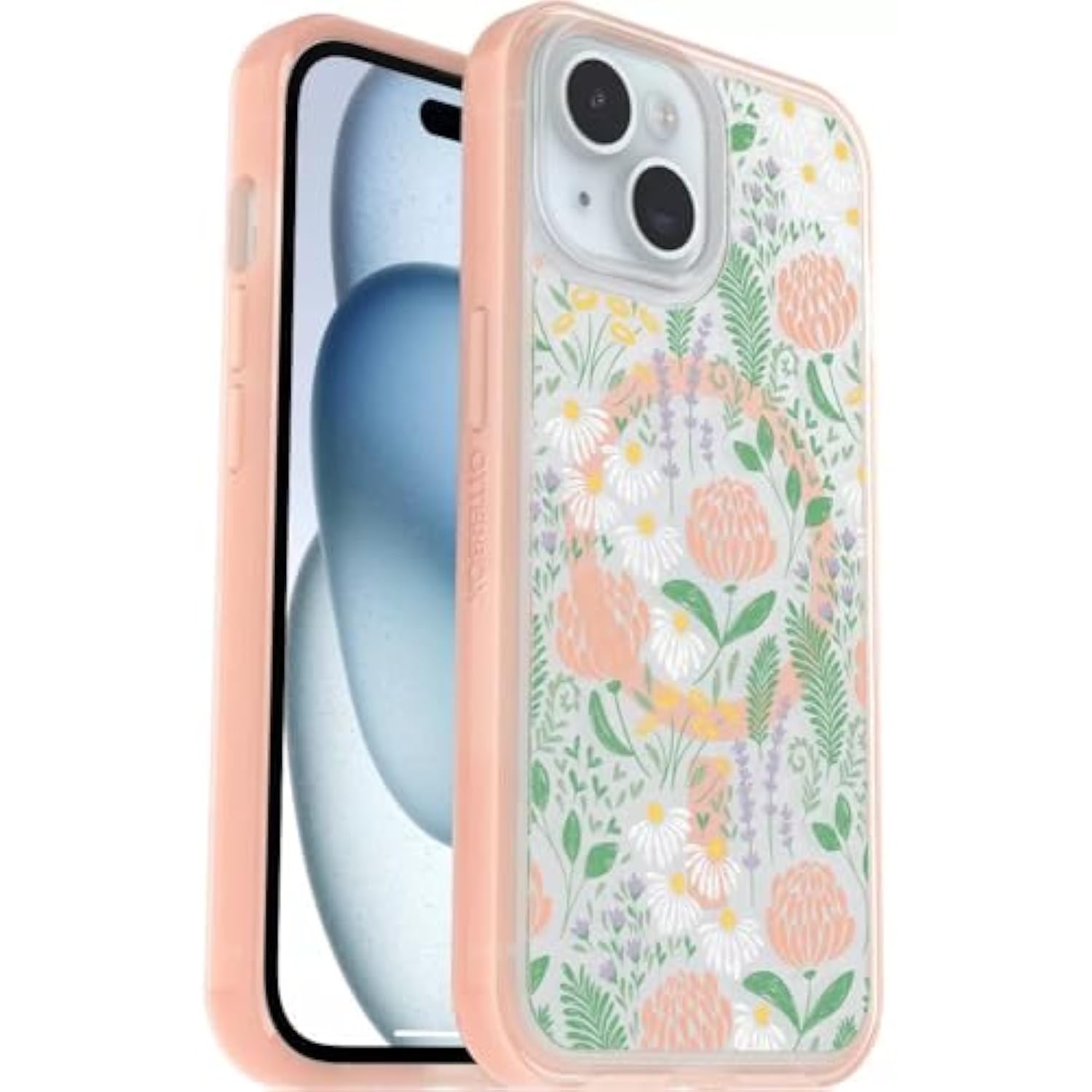 OtterBox iPhone 16e, iPhone 15, iPhone 14, and iPhone 13 (ONLY) Symmetry Series+ Case - Clear/Peachy Bloom, Snaps to MagSafe, Ultra-Sleek, Raised Edges Protect Camera & Screen - Non-Retail Packaging