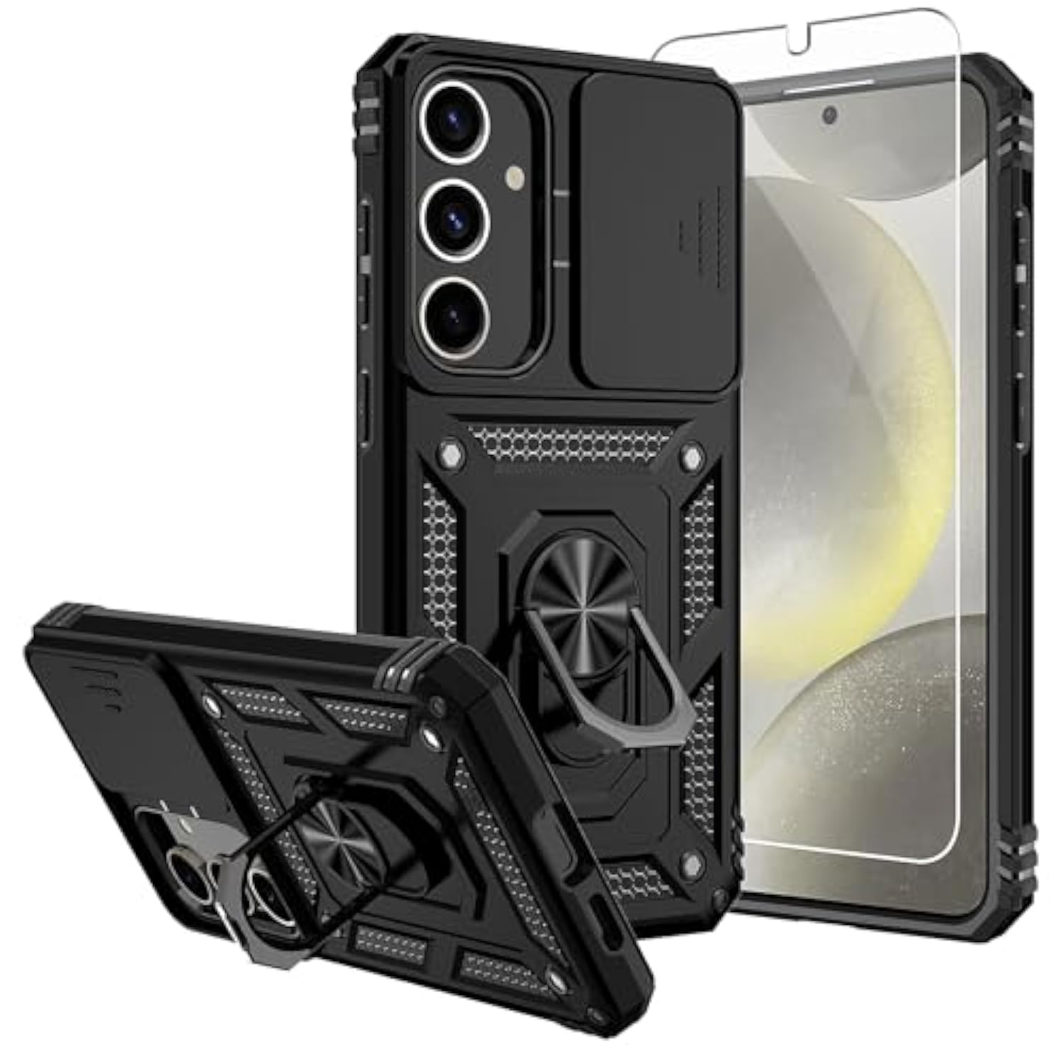 For Samsung Galaxy S25 Case,Galaxy S24 Case,With Screen Protectors And Camera Cover,[Military Grade] 16Ft.Drop Tested Cover With Magnetic Kickstand Protective Case For Galaxy S25, Black