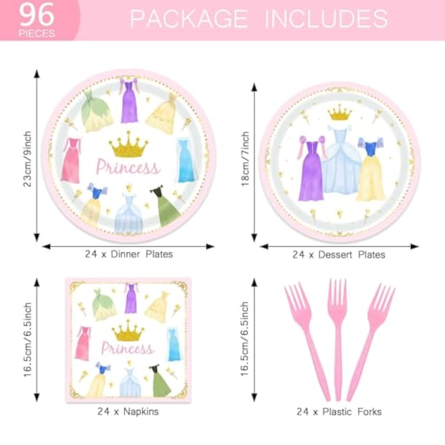 96Pcs Princess Birthday Party Paper Plates And Napkins For Girls Princess Party Disposable Tableware Dinnerware Set Fairytale Dinner Dessert Plates Party Supplies For 24 Guests
