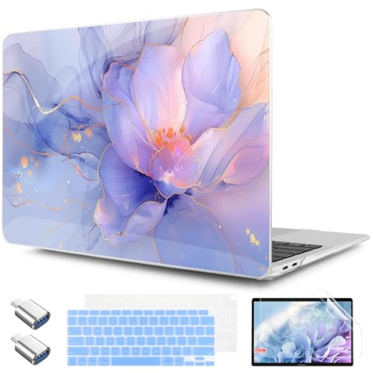 For Macbook Air 13.3 Inch Case 2021 2020 2019 2018 Release M1 A2337 A2179 A1932 With Touch Id, Plastic Hard Shell Case & Keyboard Cover & Type C Adapter, Blue Marble