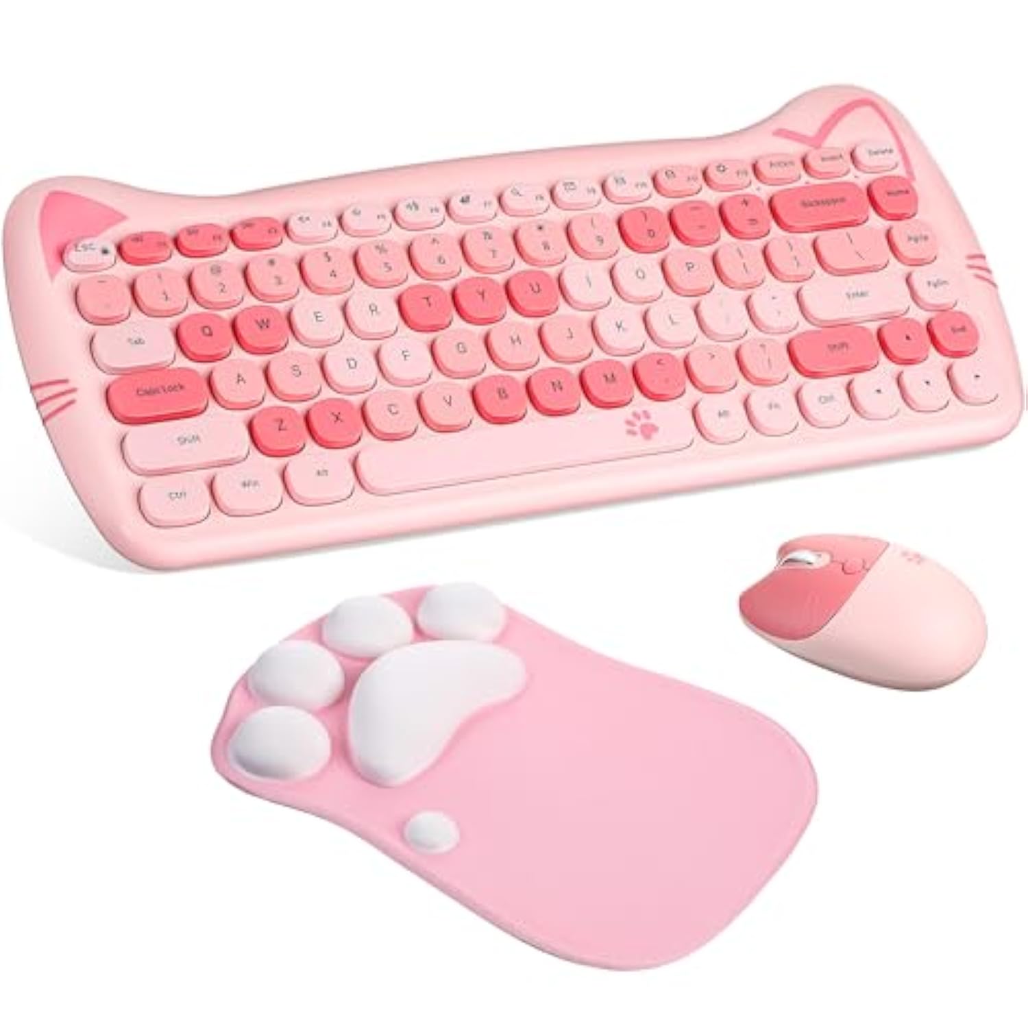 Cute Cat Keyboard And Mouse Combo, Usb Wireless With Cat Paw Mouse Pad, Silent 84 Keys 2.4 Ghz Compatible With Notebook Pc