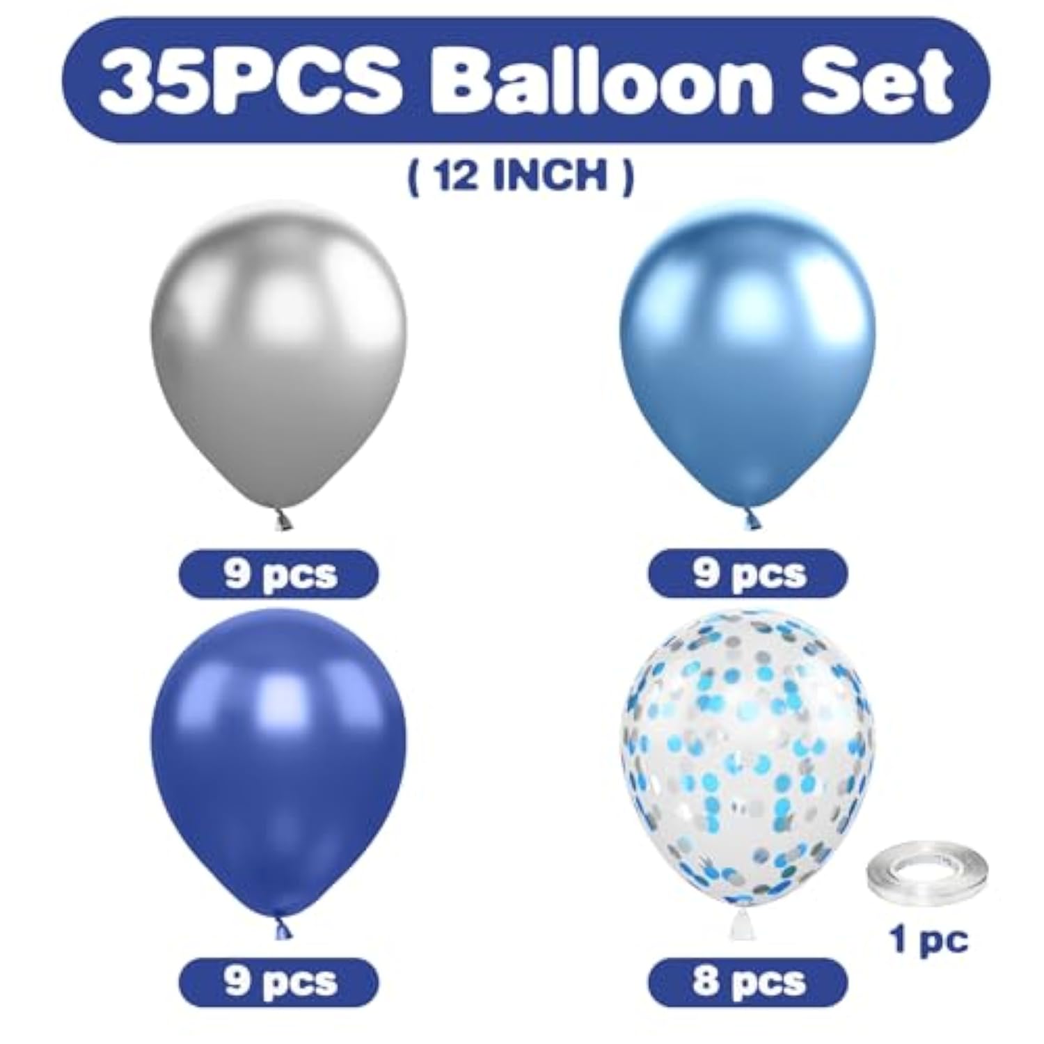 Navy Blue And Silver Balloons, 12 Inch Metallic Latex And Confetti Balloons For Birthday, Baby Shower, Graduation Decorations