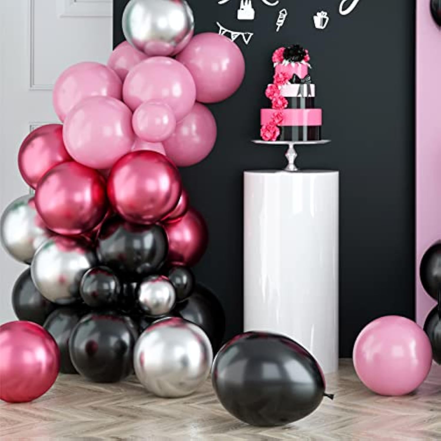 Pink Black Balloon Arch Kit, Pink Black Silver Balloon Garland Kit, Pi