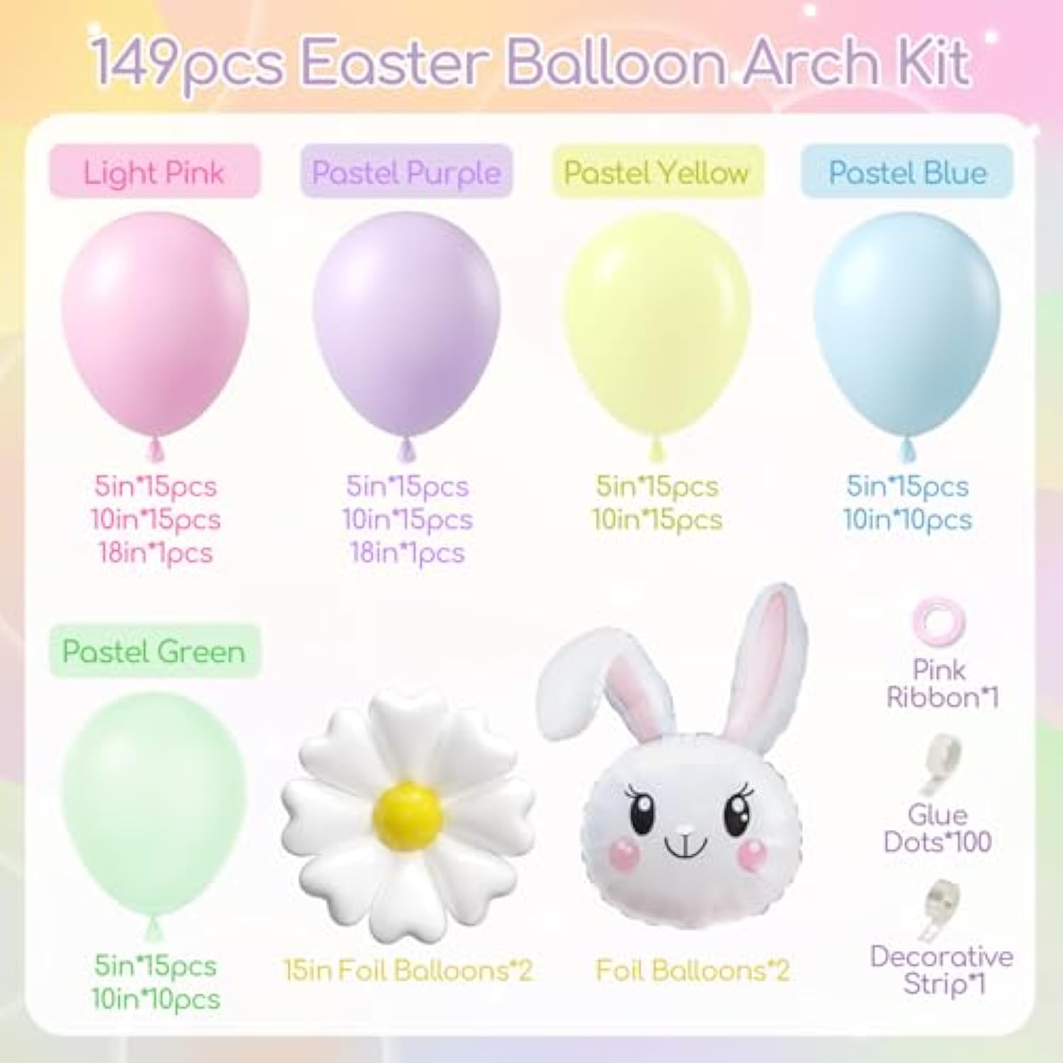 Easter Balloon Arch Garland Kit With Pastel Yellow Purple Green Blue Pink Rabbit Flower Balloons For Baby Shower Birthday Party Decorations