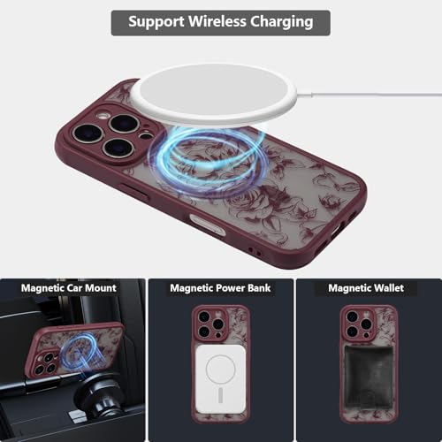 Magnetic Case for iPhone 15 Pro Max, Floral Flower Cute Aesthetic Case [Compatible with Magsafe] for Women Girls Rose Pattern Slim TPU Bumper