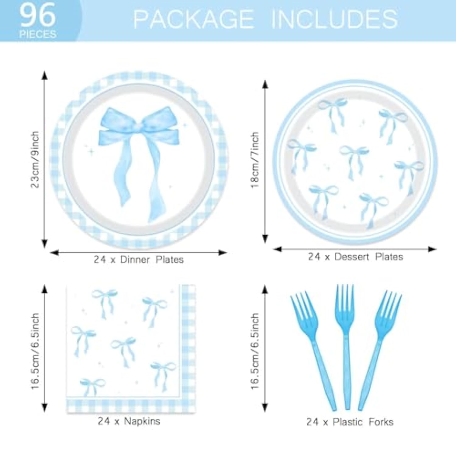 96Pcs Blue Bow Party Supplies Birthday Tableware Set Blue White Bowknot Party Plates And Napkins For Baby Boy Girl Bow Birthday Dinnerware Party Favors For 24 Guests