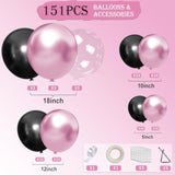 Metallic Pink Black Balloons Arch Kit, 151Pcs Black Chrome Pink And Bobo Balloons Garland 18 12 10 5 Inch For Birthday Wedding Bachelorette Anniversary Halloween Christmas Party Decorations