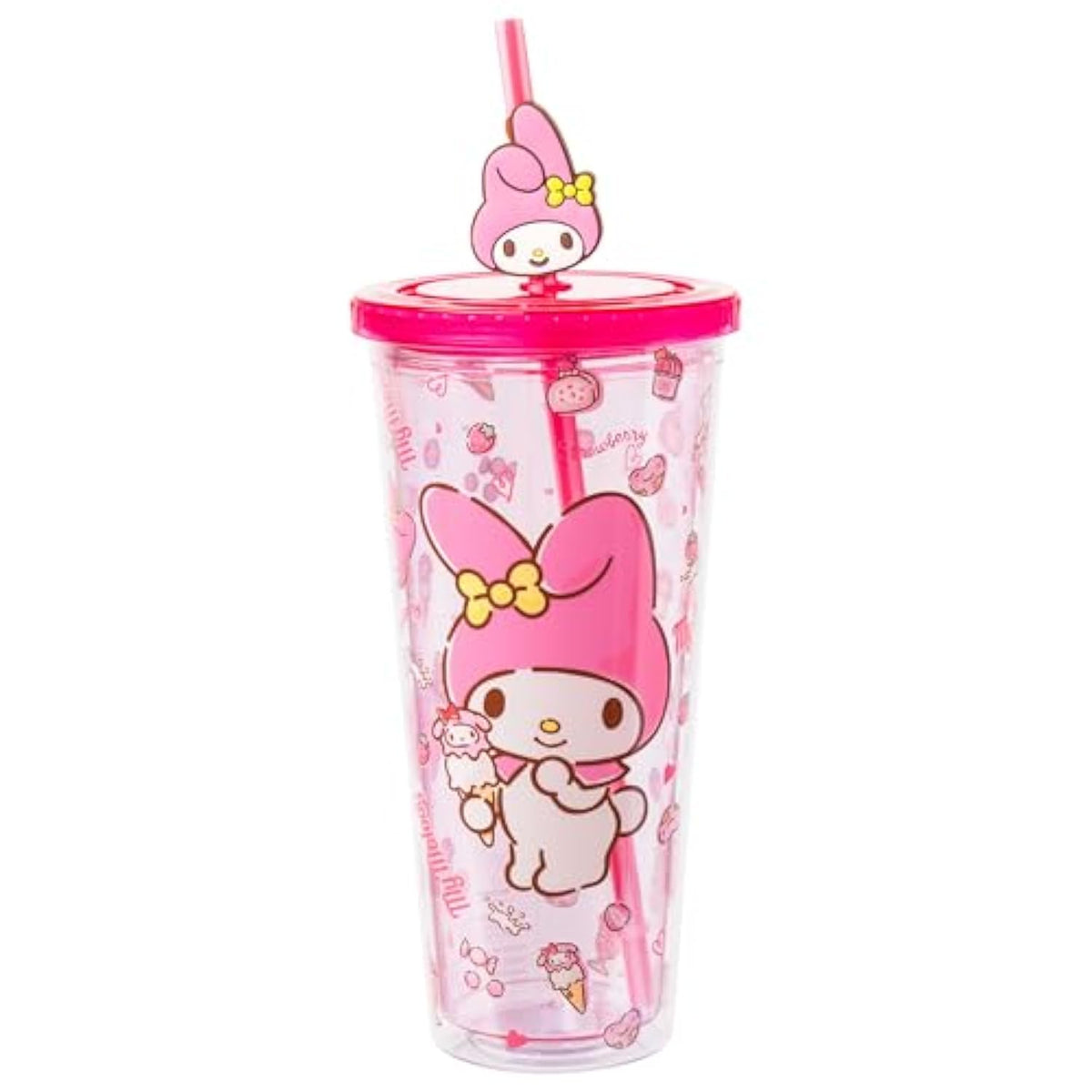 Silver Buffalo Sanrio My Melody Pink Strawberry Pattern Plastic Cold Cup with Lid and Topper Straw 24 Ounces