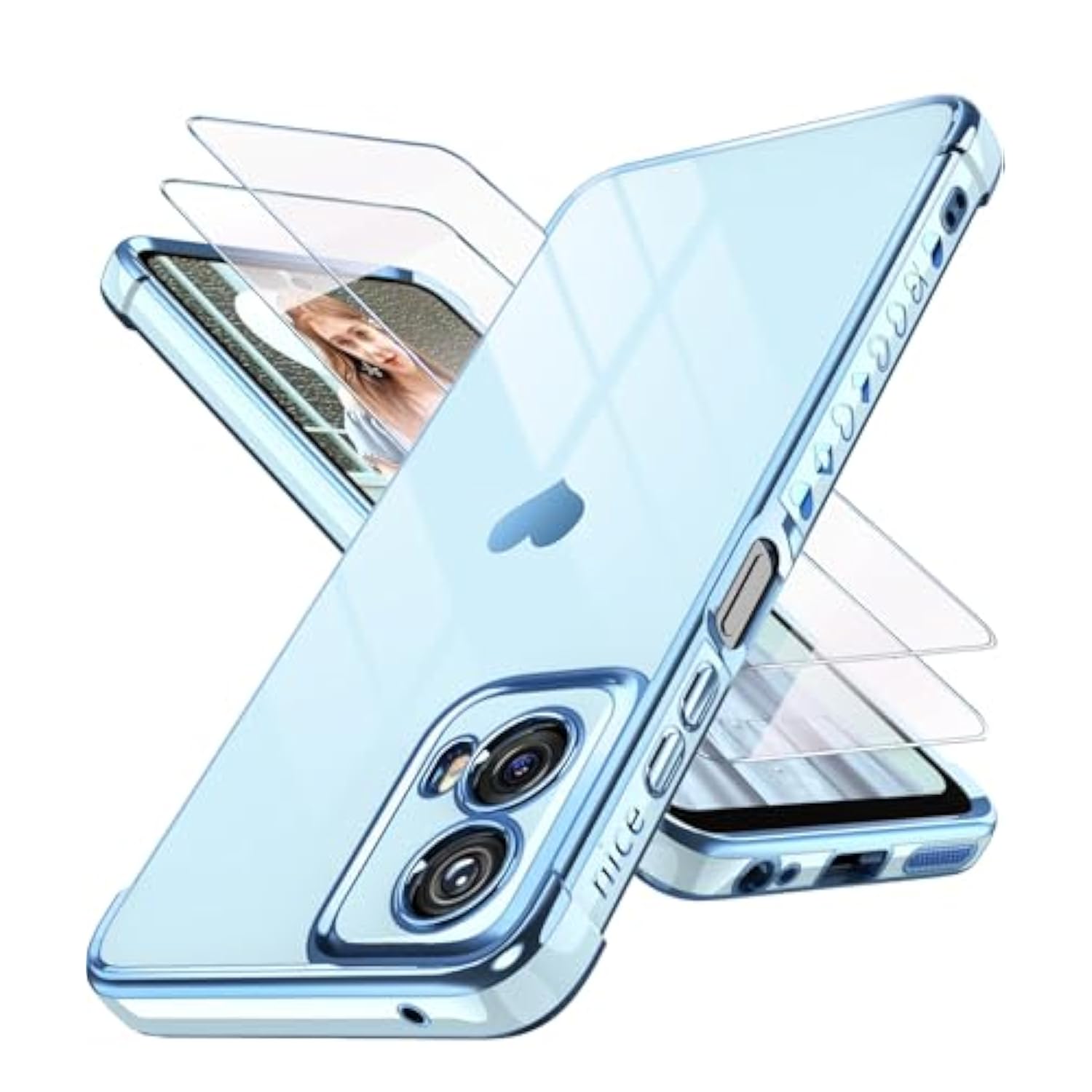 For Motorola Moto-G-5G-2024 Case With 2X Screen Protector, For Girl Women Cute Girly Love-Heart Luxury Gold Soft Cover Camera Protection Bumper Silicone Shockproof Phone Case For Moto G 5G 2024(Blue)