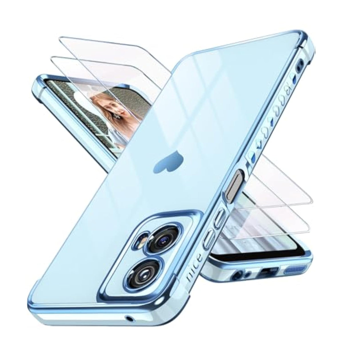 For Motorola Moto-G-5G-2024 Case With 2X Screen Protector, For Girl Women Cute Girly Love-Heart Luxury Gold Soft Cover Camera Protection Bumper Silicone Shockproof Phone Case For Moto G 5G 2024(Blue)