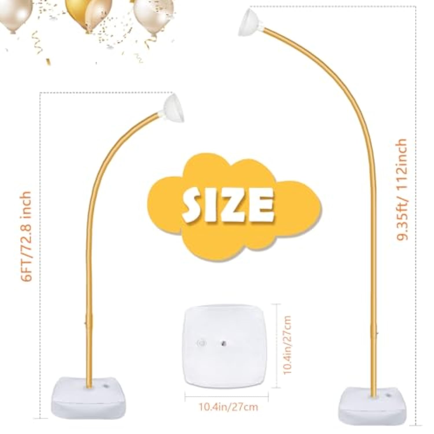 9.35Ft & 6Ft Gold Balloon Arch Stand, Free Bending Shape Balloon Arch Kit, Half Arch Balloon Stand With Base For Floor, Ideal For Wedding Birthday Baby Shower Graduation 4Th Of July Decoration