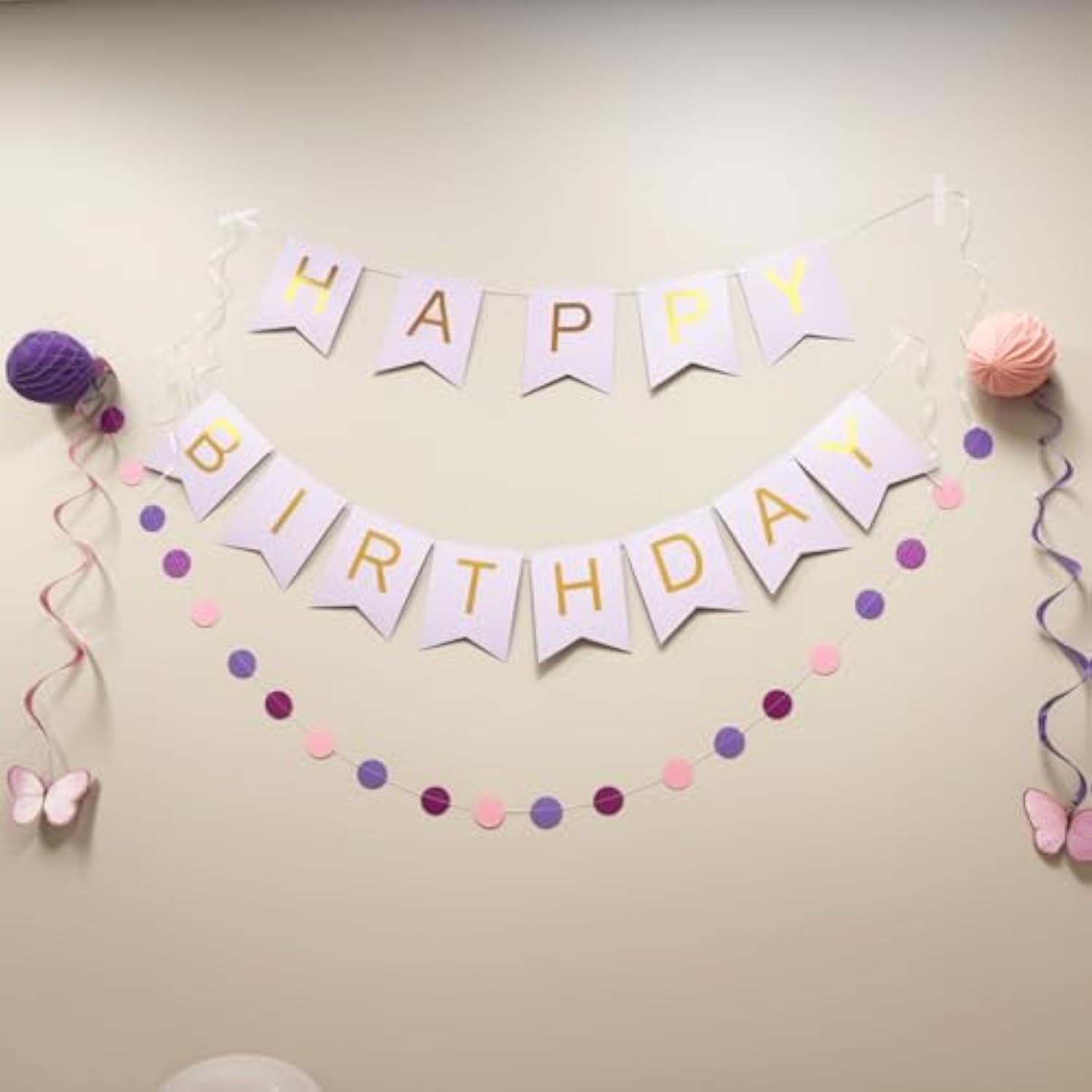 Birthday Decorations Set With Happy Birthday Banner, Butterfly Party Decorations Honeycomb Balls Swirls And Circle Dots Garland