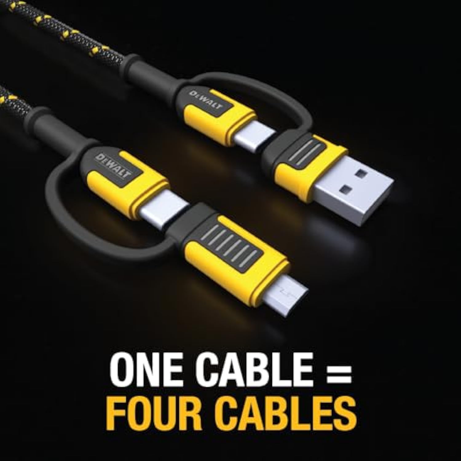 DEWALT Heavy Duty 4-in-1 Cable, Type C/MicroUSB/USB Cables for iPhone 17/16/15 iPad, USBC All in One Charging Cable, HTC, LG, Samsung Galaxy, Android, iPad Pro, Micro-to-C Charger Cables (6ft, Black)