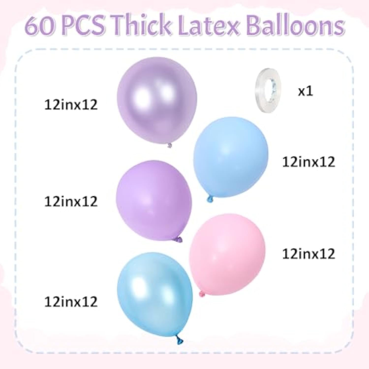 60Pcs Pink Purple Blue Balloons for  Birthday & Baby Shower Decoration