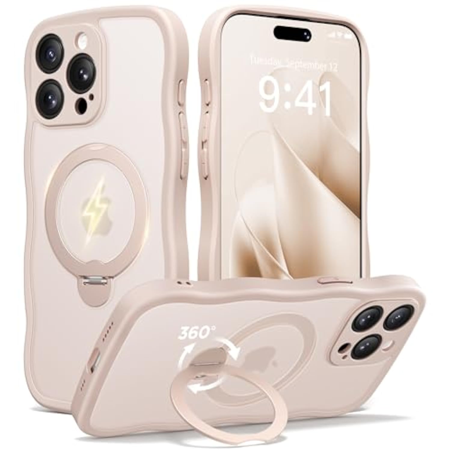 For Iphone 15 Pro Case With 360° Spin Magnetic Stand For Women, [Compatible With Magsafe] [Full Camera Protection] Cute Wave Translucent Matte Case For Iphone 15 Pro, Rose Gold