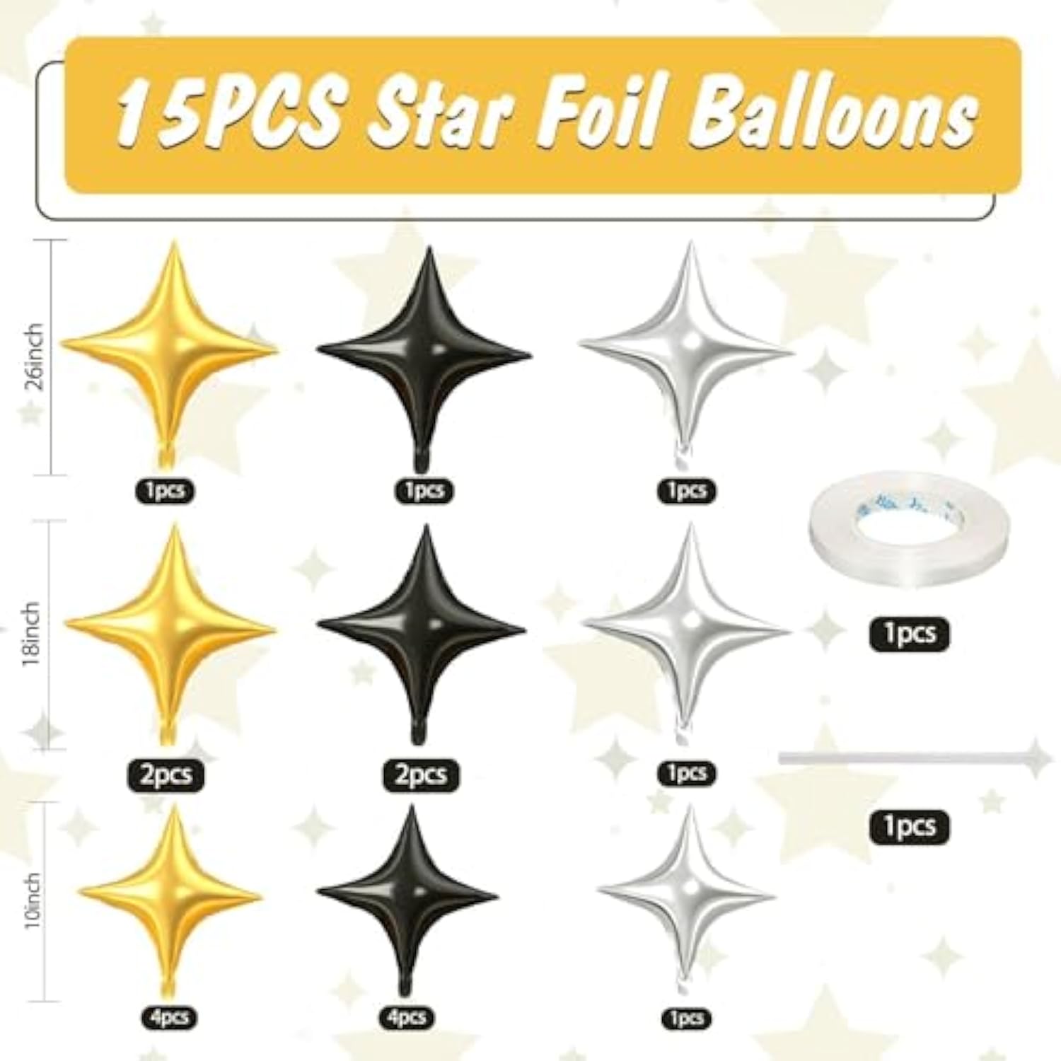 15 Pcs Black Gold Silver Star Foil Balloons Mixed Sizes Party Decor
