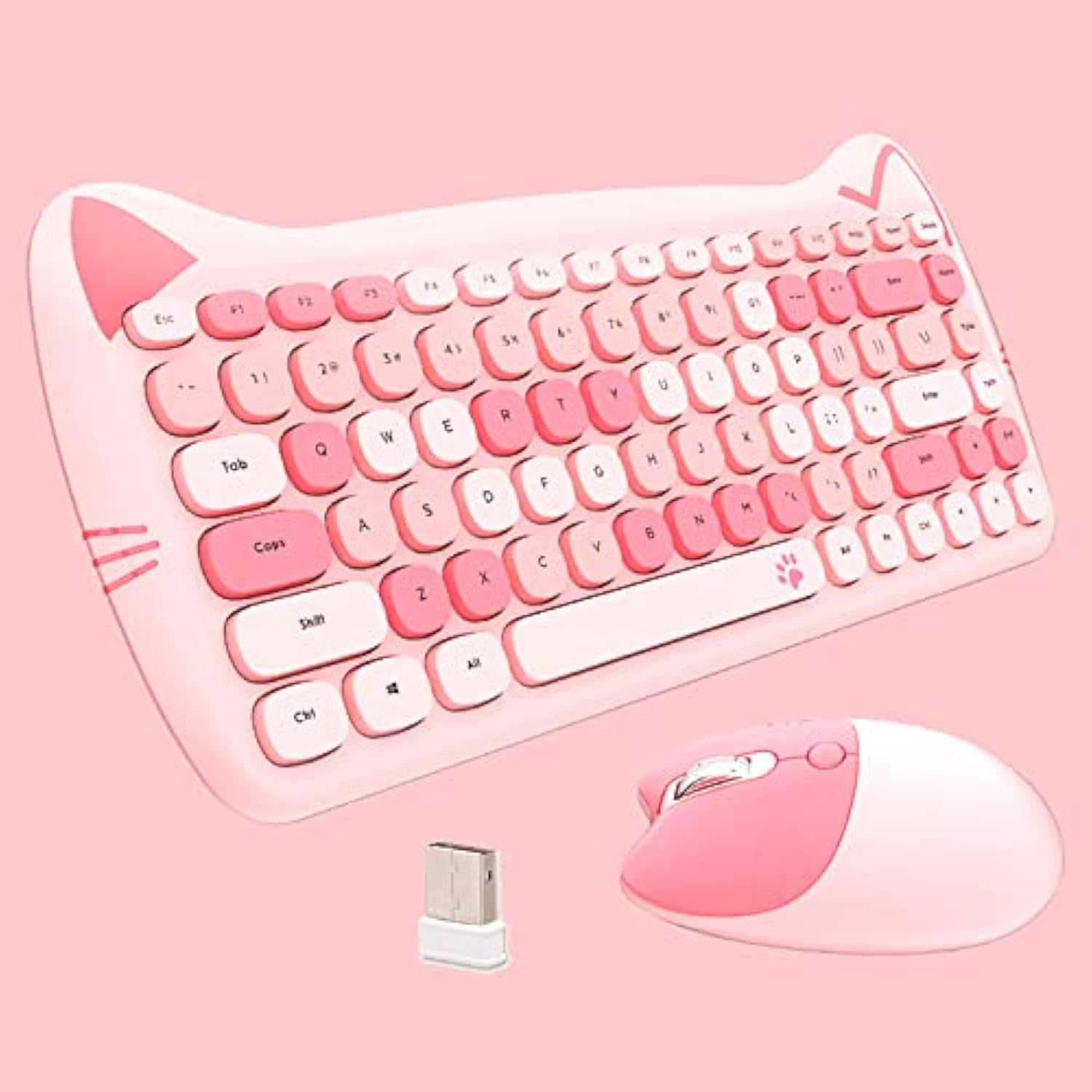 Cute Cat 2.4G Usb Wireless Keyboard And Mouse Combo, Silent Keys, Candy Colors, Compatible With Notebook, Pc (Pink84Keys)