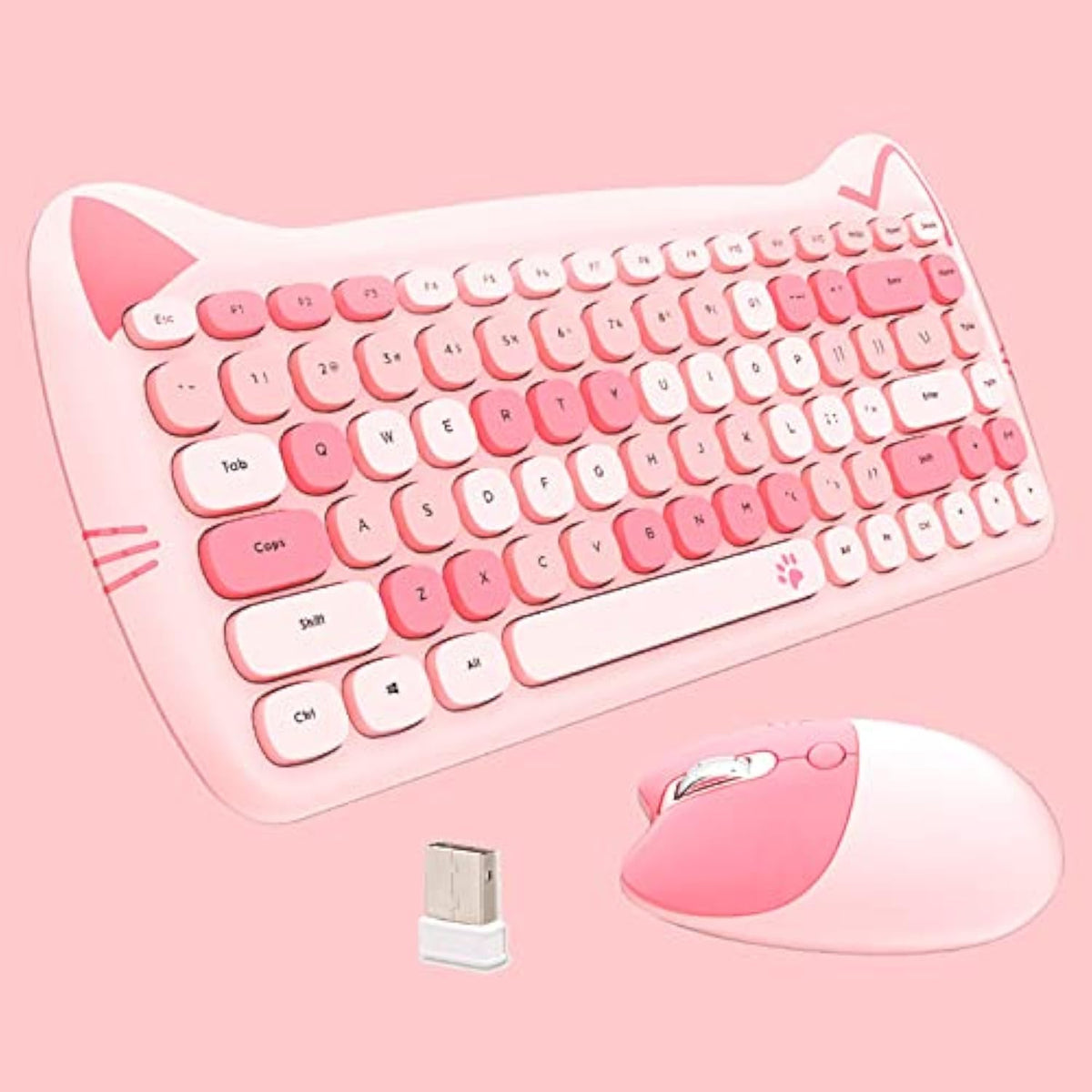 Cute Cat 2.4G Usb Wireless Keyboard And Mouse Combo, Silent Keys, Candy Colors, Compatible With Notebook, Pc (Pink84Keys)