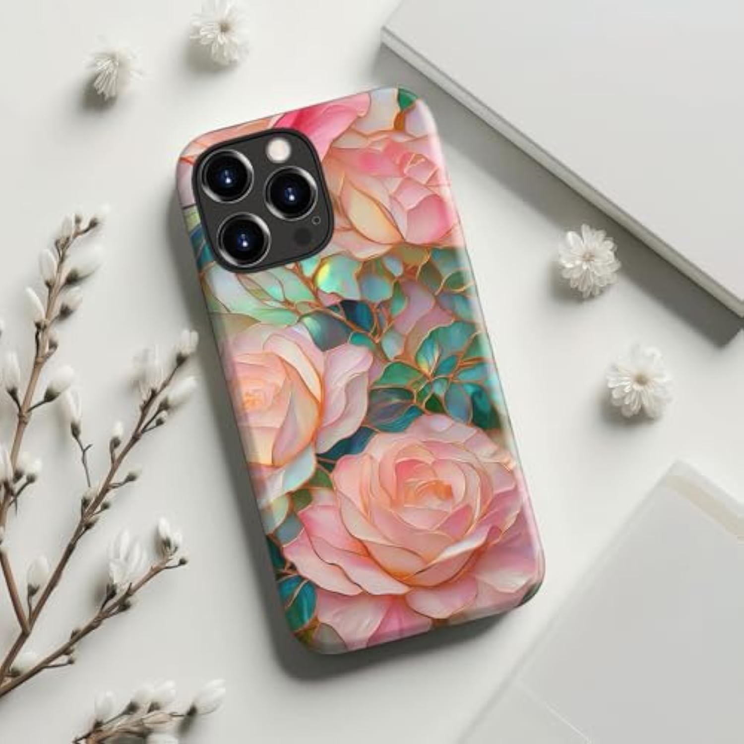 For Iphone 15 Pro Max Case Cute - Wireless Charging Compatible - Dual-Layer Hard Shell + Silicone Cover - Aesthetic Protective Trendy Phone Case For Women - Blooming Pink Rose