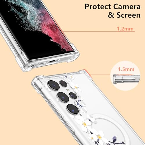Magnetic Case For Samsung Galaxy S22 Ultra [Work With Magsafe] Clear Floral Flower Pattern Print Design Flexible Acrylic Shockproof Cover Flower Protective Phone Case, Purple Peony