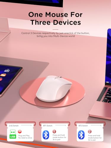 Bluetooth Wireless Mouse - Dual Bluetooth & 2.4 Ghz Usb Receiver, Ergonomic Design, Quiet Clicks, Low Power - Multi-Device Compatibility For Macbook, Laptop, Computer, Ipad Air/Pro (Pink)