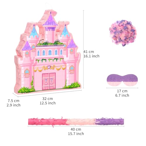 Princess Castle Pinata - Cute Pink Castle Pinata with Blindfold and Bat for Girls Birthday, Baby Shower, Cinco De Mayo Mexican Fiesta Events, Girls Children’s Day Princess Themed Party Favors