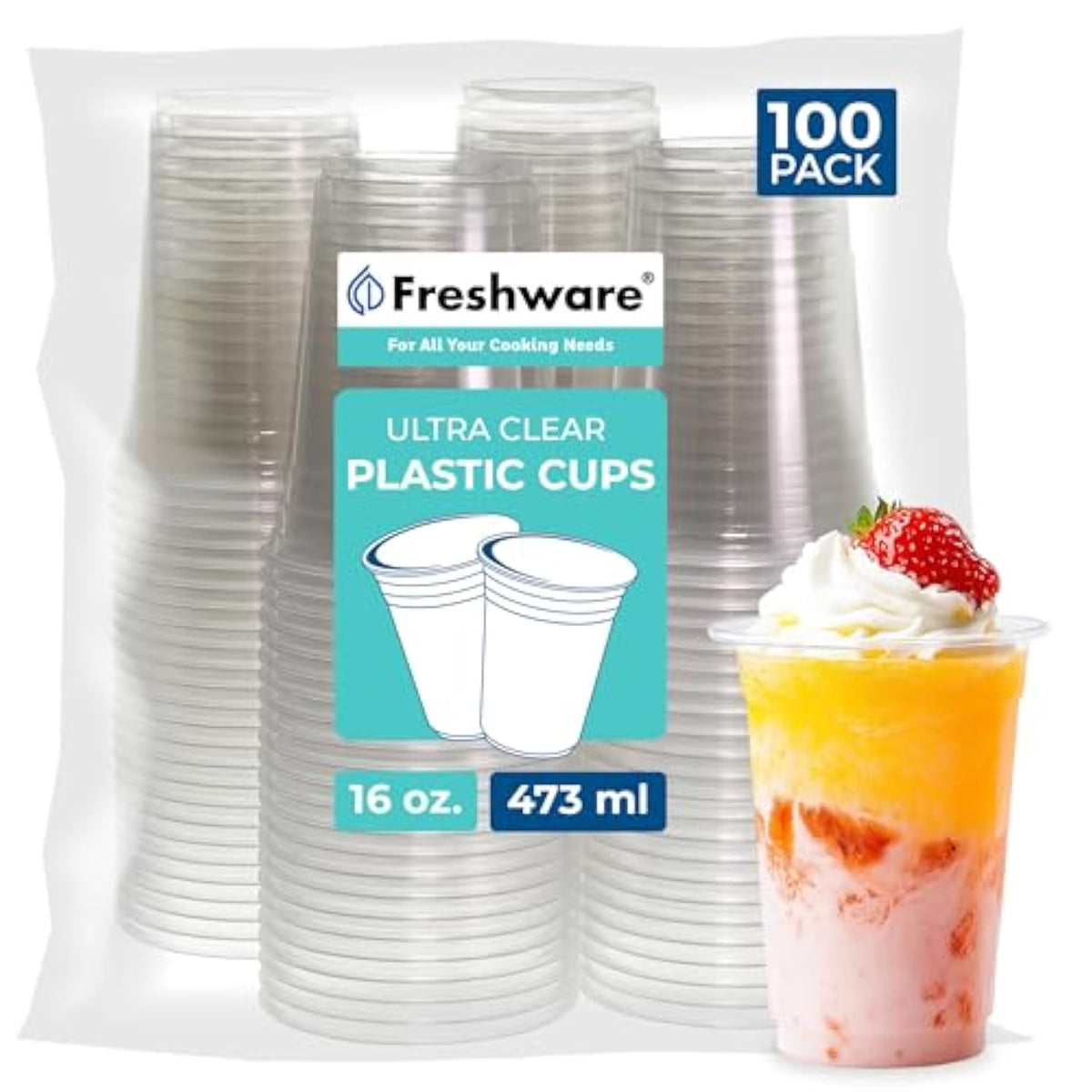 Freshware 16 oz Clear Disposable Plastic Cups, Clear Plastic Cups Tumblers, Heavy-duty Party Glasses, Disposable Cups for Thanksgiving, Halloween, Christmas Party, 16 Oz Cups, 100 Count (Pack of 1)
