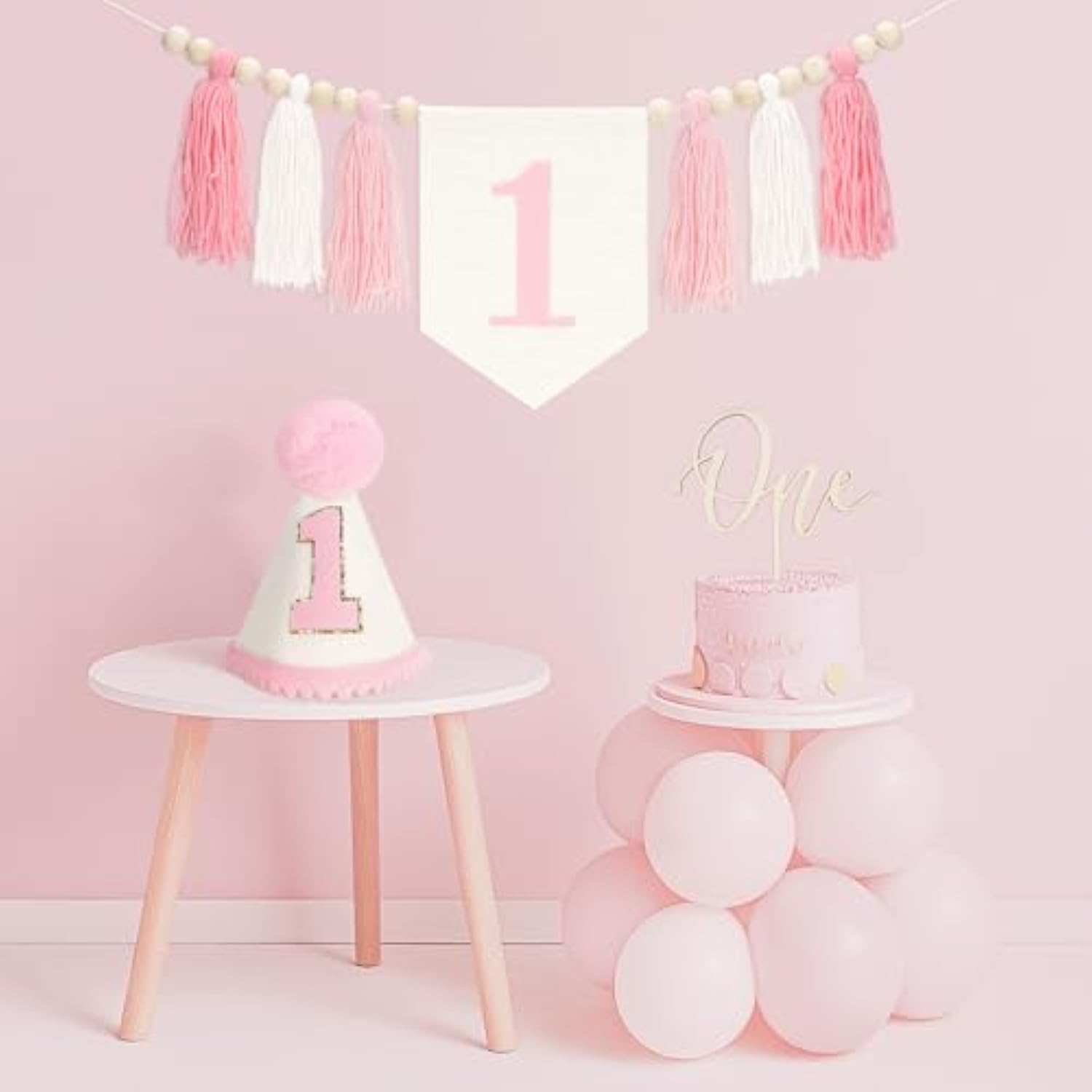 Pink One High Chair Banner - Baby Girl First Birthday Decorations 1St Birthday Girls One Year Old Outfit Garlands With Wood Bead Tassel Conical Hat Cake Topper For Baby Shower Party Decoration