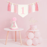 Pink One High Chair Banner - Baby Girl First Birthday Decorations 1St Birthday Girls One Year Old Outfit Garlands With Wood Bead Tassel Conical Hat Cake Topper For Baby Shower Party Decoration