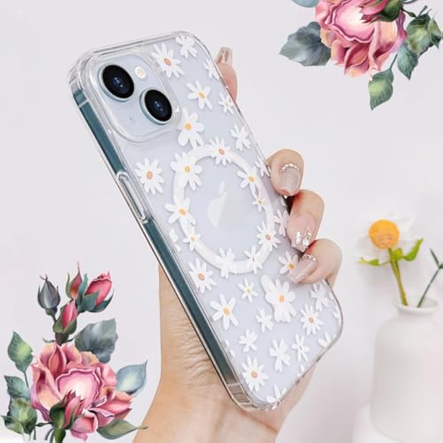 Clear Floral iPhone 15 Case with Magnetic Closure, White