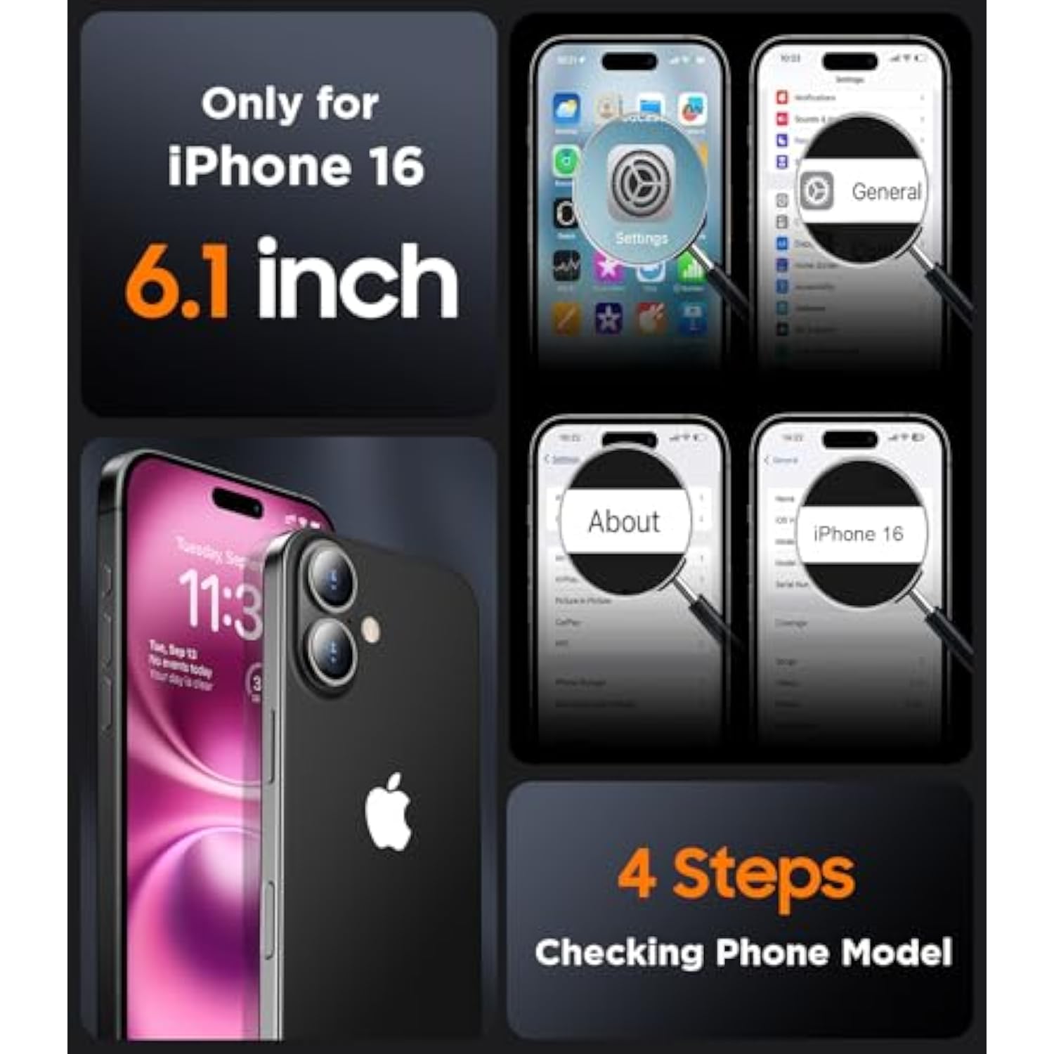 Designed For Iphone 16 Case, Magnetic Translucent [2+Full Coverage Tempered Glass Screen Protector] [Full Camera Protection] Anti-Fingerprint Anti-Scratch For Iphone 16 6.1”, Black