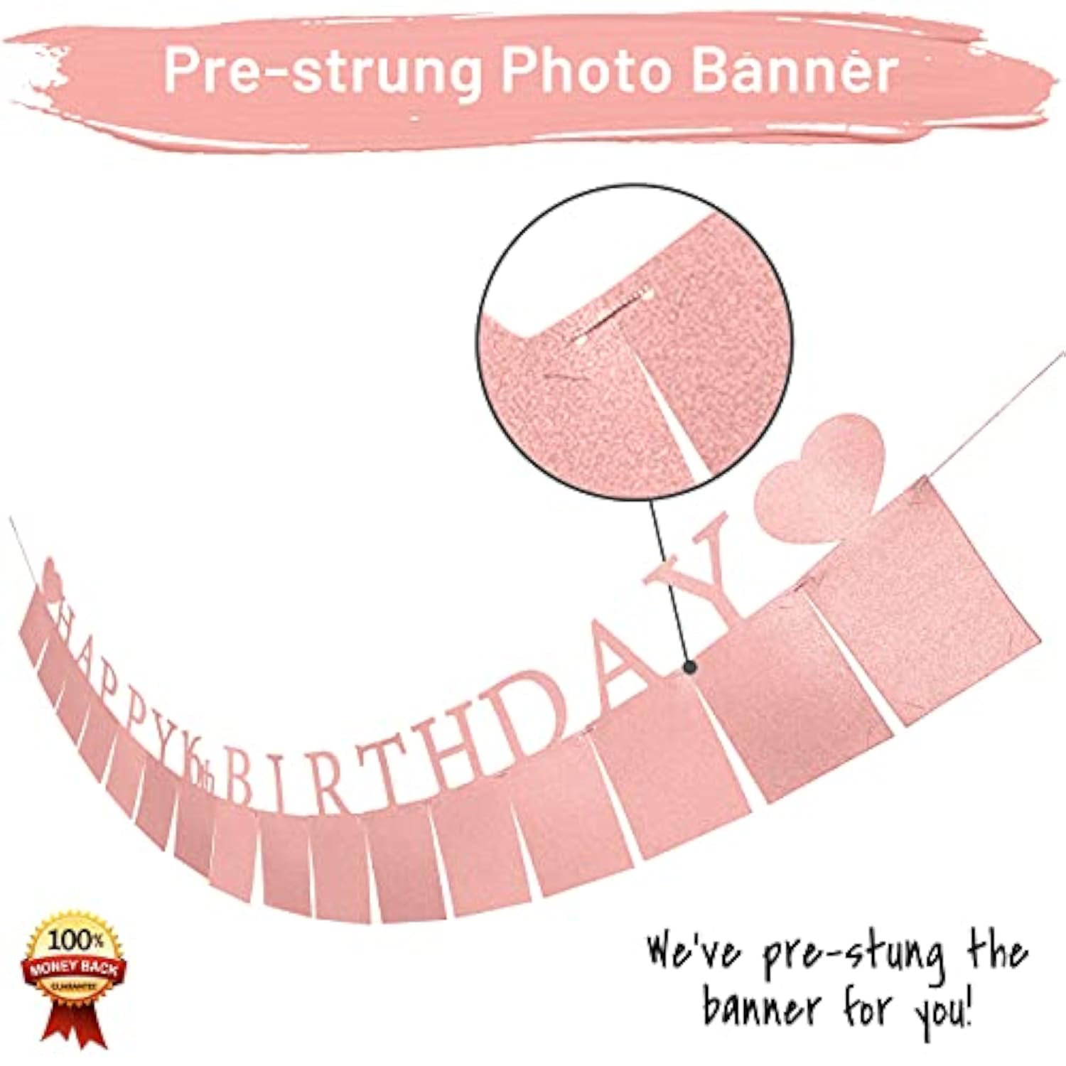 Rose Gold Sweet 16 Photo Banner – Pre-Assembled with 16 Picture Frames & Birthday Signs