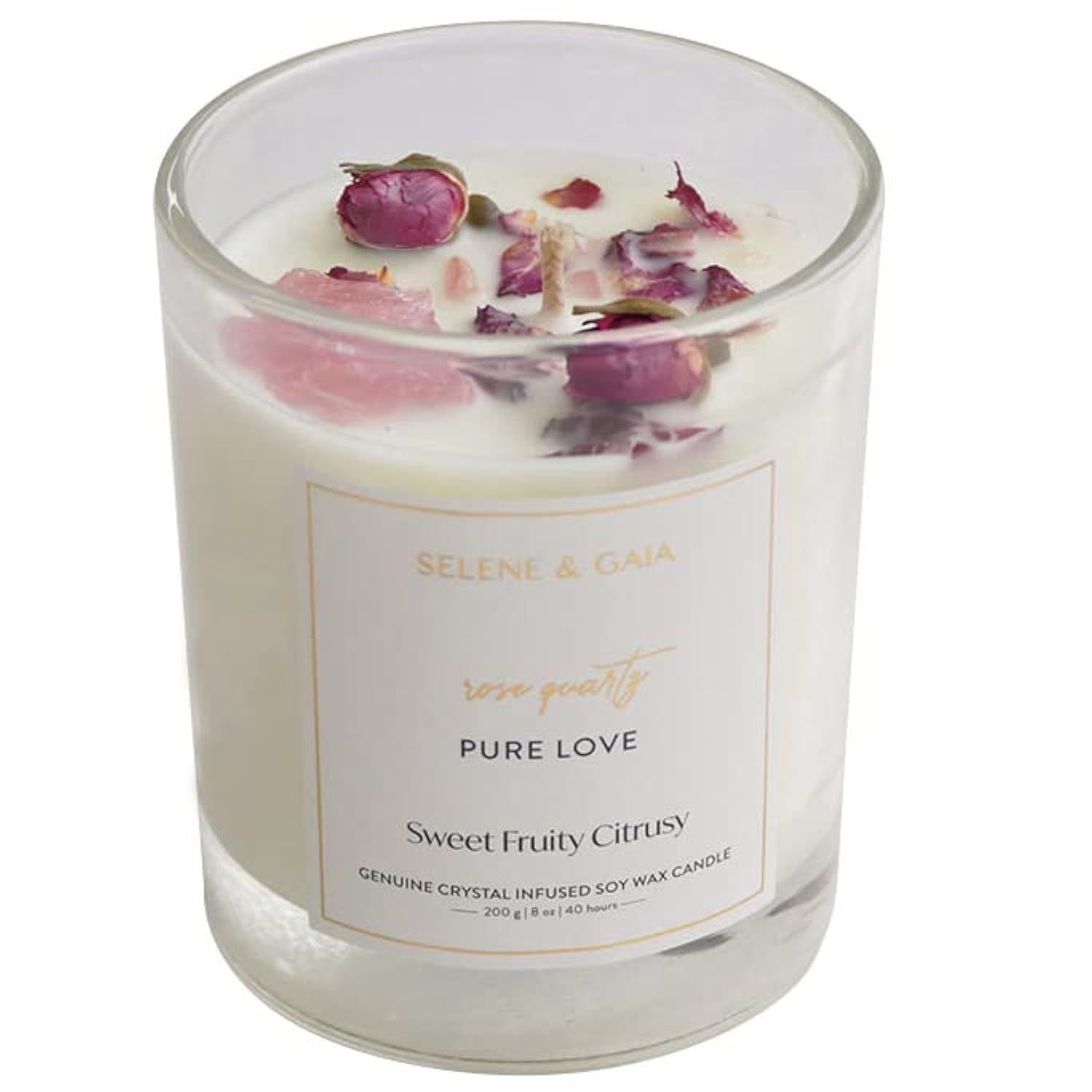 Crystal Candles with Rose Quartz Crystals and Roses, Love Manifestation Candles, Mother's Day Spiritual Gifts for Women, Sweet Citrus Scent Soy Wax Candle, Unique Gift for Mom, Daughter (Pure Love)
